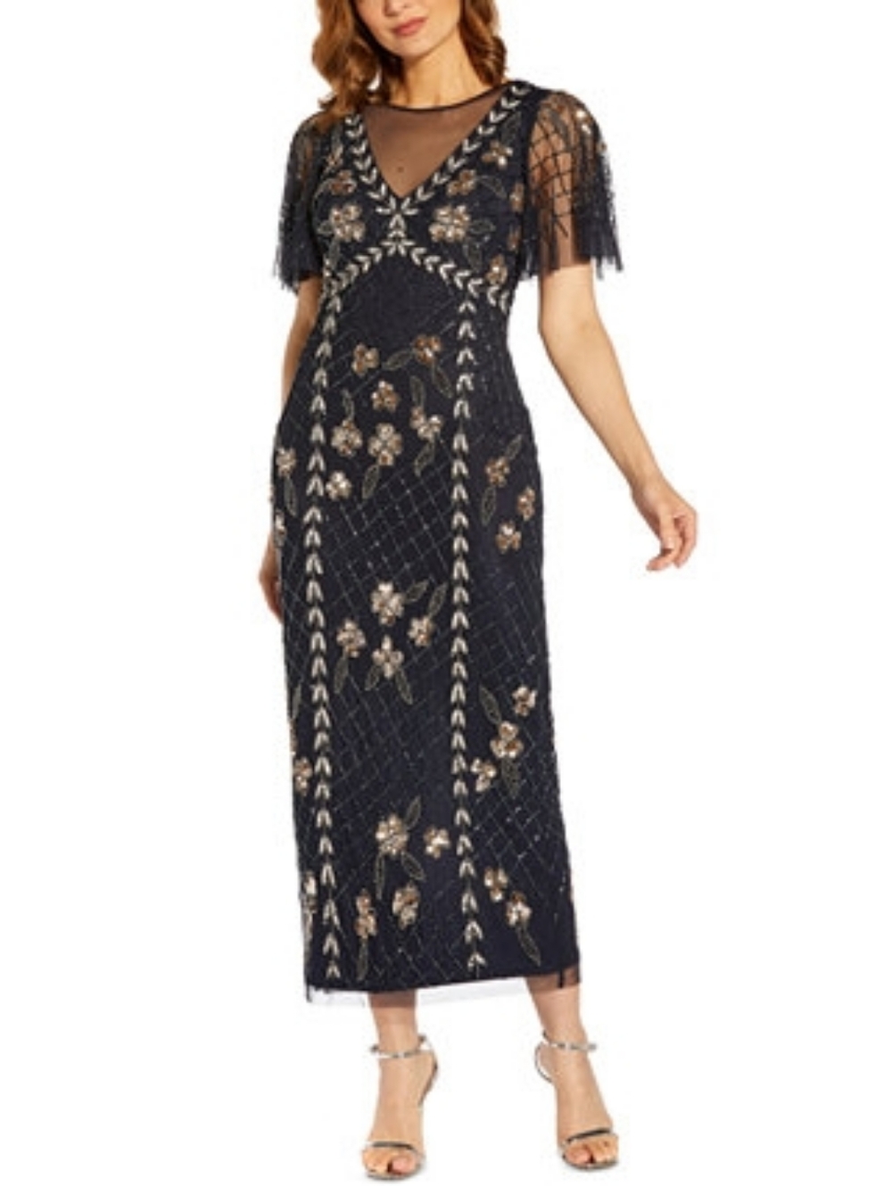 Adrianna papell Embellished Mesh V-Neck Midi Dress - Picture 3 of 9